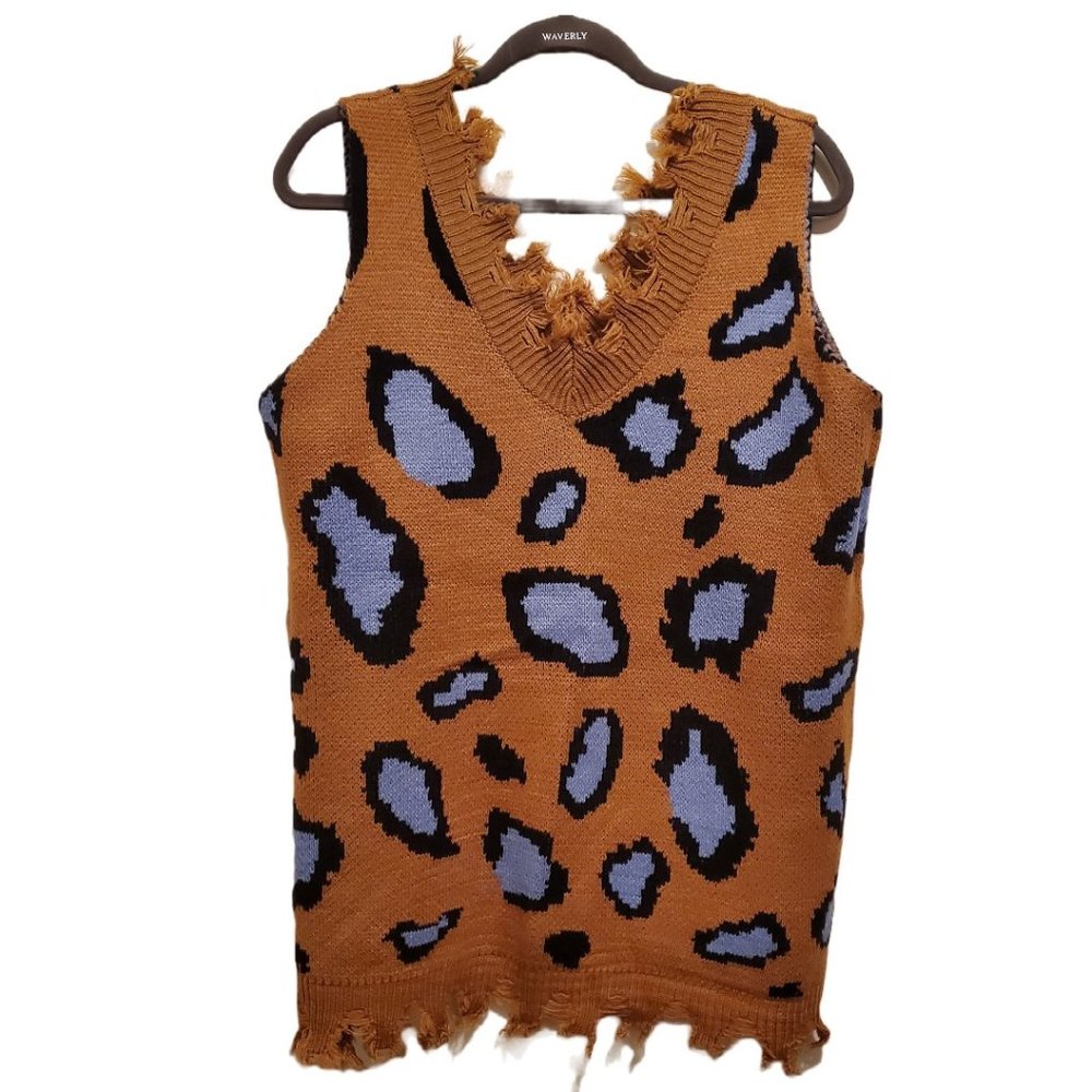 Mislook Brown/Blue/Black Sleeveless Animal Print V-Neck Sweater Size 2X-3X